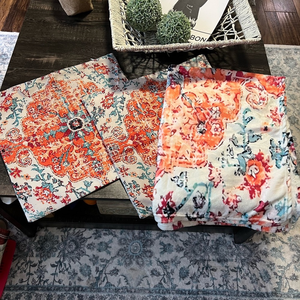 Vibrant Floral Boho Accent Pillow Cover Set with Matching Throw Blanket